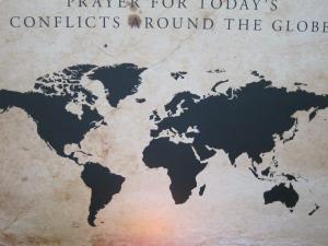 World map Prayer for today's conflicts, Salisbury Cathedral